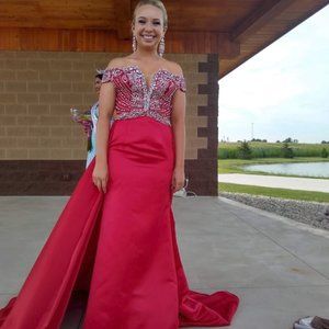 Rachel Allan  Red A Line Gown with Train